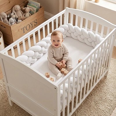 Bébé assis dans avec tour de lit tressé