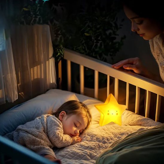 bebe dans son lit avec veilleuse bebe allume