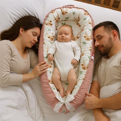 Bebe dans son reducteur de lit au milieu des parents