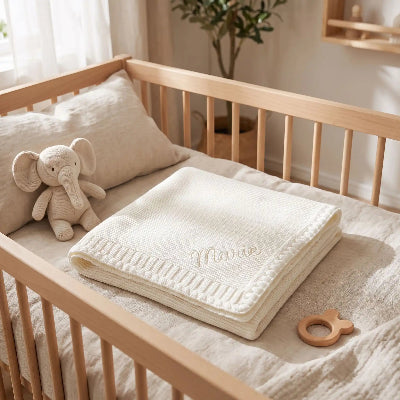 Couverture nouveau né personnalisée dans lit de bébé