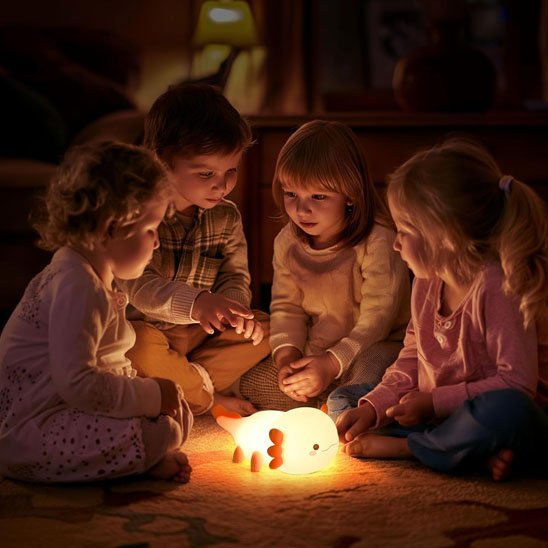 enfants autour de veilleuse bebe