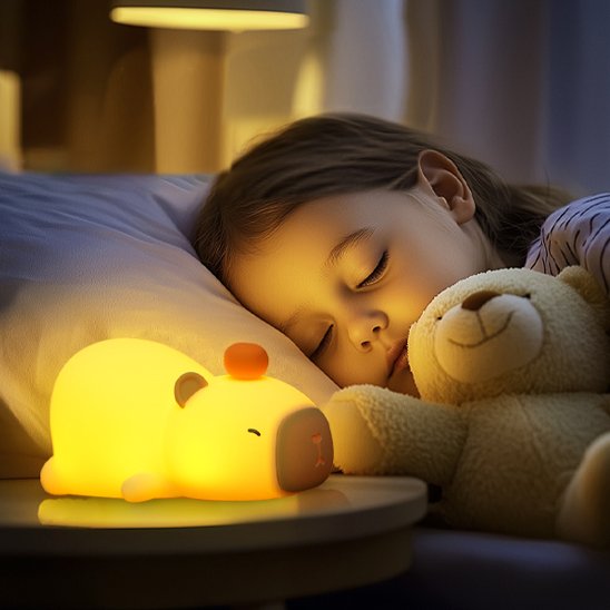 fille avec doudou dormant et veilleuse bebe