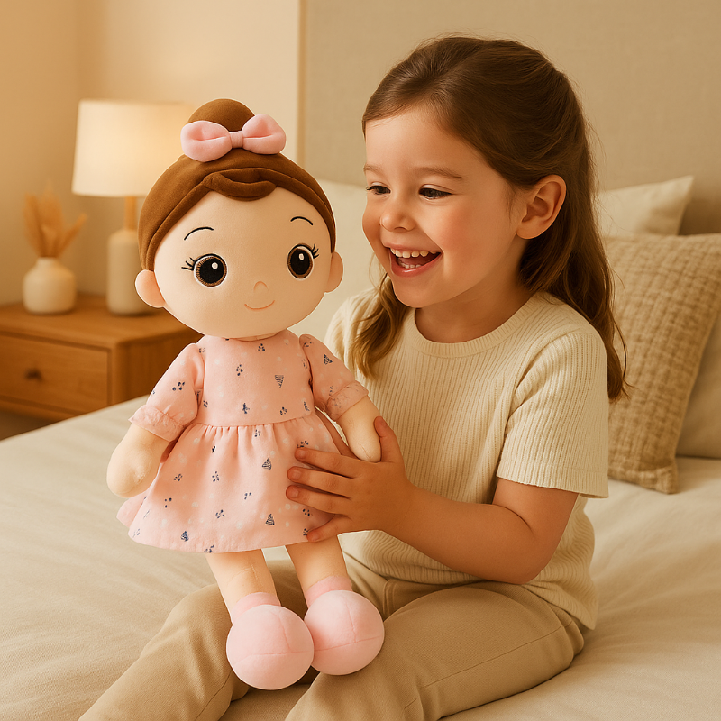 fille souriante tenant doudou pour fille