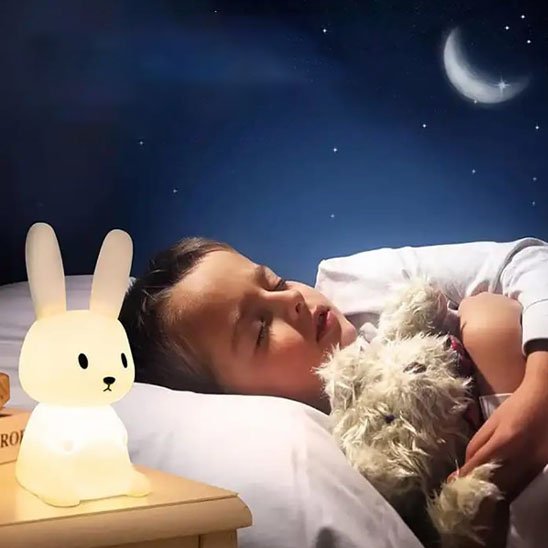 garcon dormant avec doudou en main et veilleuse bebe allume