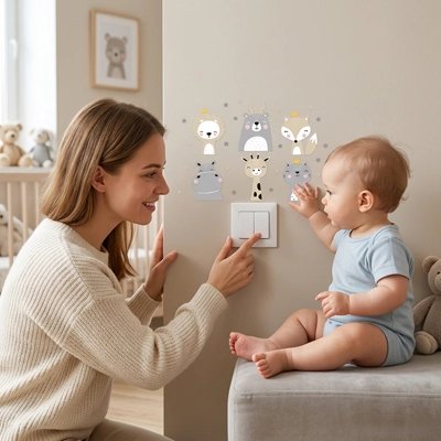 Maman montre à bébé interupteur à côté des stickers muraux