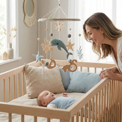 maman sourit et bébé regarde mobile pour lit bébé