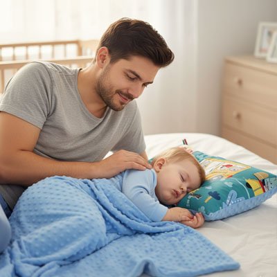 papa regardant bebe couche sur oreiller enfant