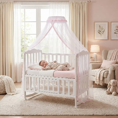petite fille dort sous berceau ciel de lit bebe