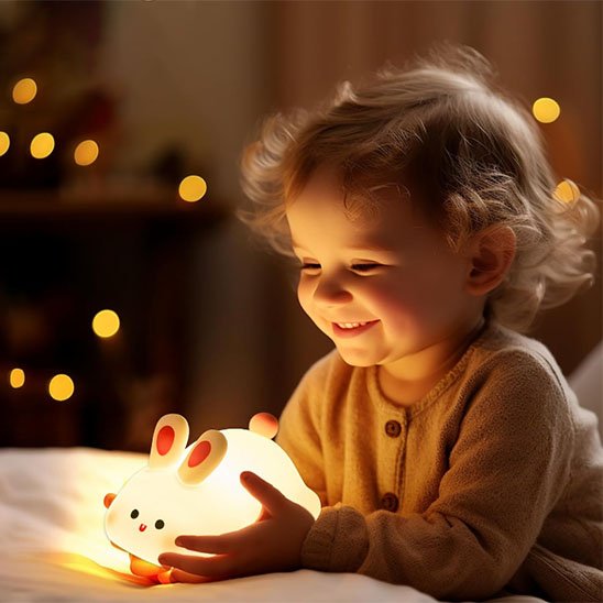 petite fille gardant sa veilleuse pour bebe et souriante