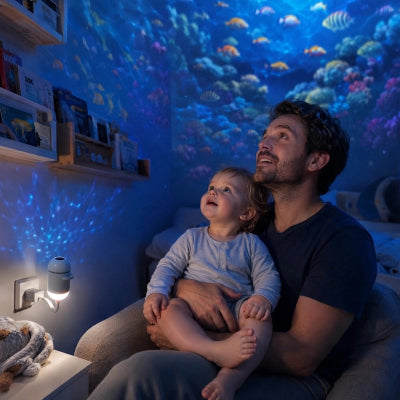 Papa tient son fils regardant projecteur enfant