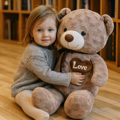 Bébé assit caline ours en peluche