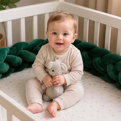 Bébé assit dans lit entourer de tresse de lit