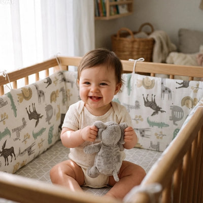 Bébé assit dans son lit protégé avec tour de lit bébé