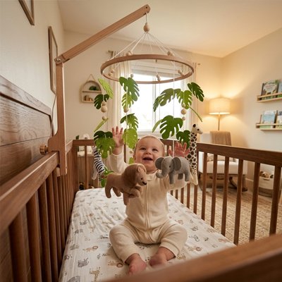 Bébé assit touchant mobile pour bébé