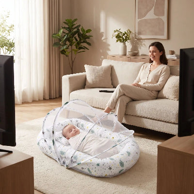 bebe au salon dans lit toile pour bebe pliable