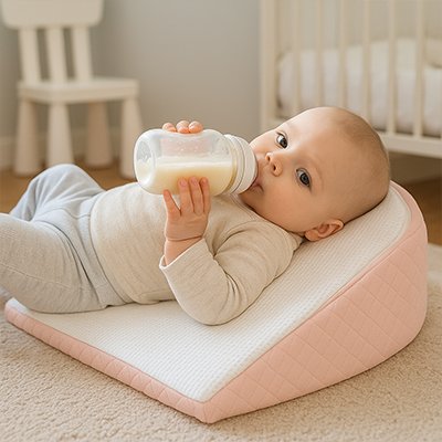 Bébé boit biberon sur oreiller de pente pour bébé