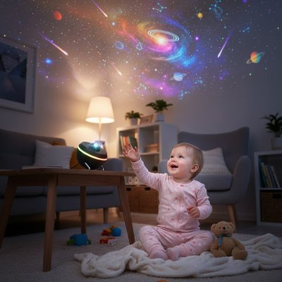 bébé contemplant les éttoiles du projecteur enfant 