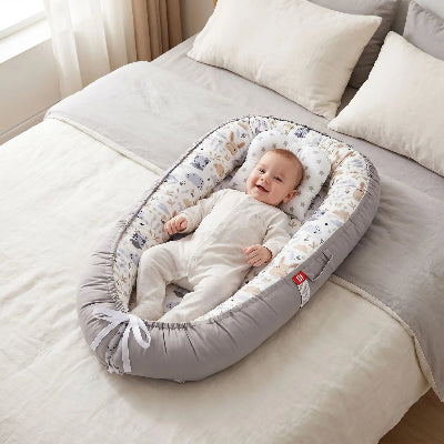 bebe content sourit dans reducteur de lit