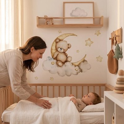 Bébé couché à côté de stickers muraux pour chambre