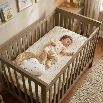 Bébé couché sur drap housse lit bébé 