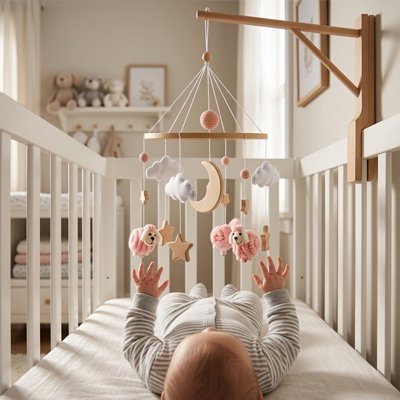 Bébé couché touchant mobile pour bébé