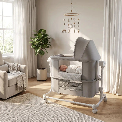 bebe dans berceau pliable bebe au salon