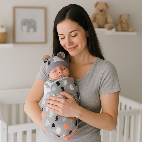 Bébé dans couverture emmaillotage dans la main 