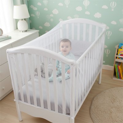 Bébé dans le lit couvert avec moustiquaire lit bébé