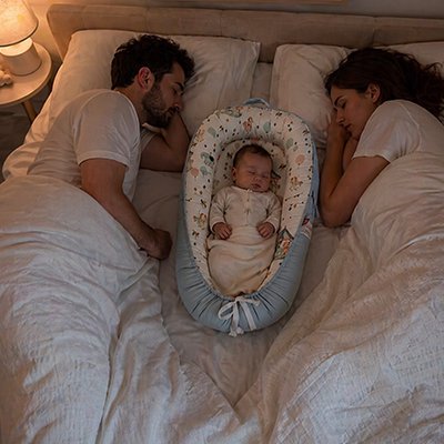 Bébé dans reducteur de lit pour bébé entre parents