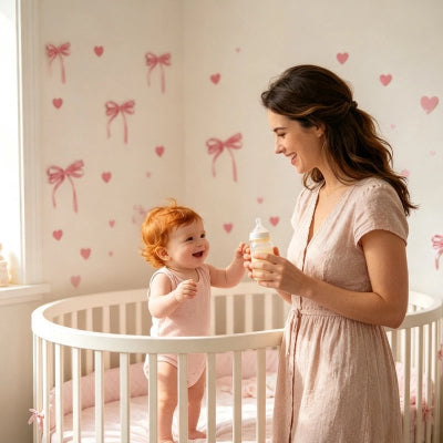 Bébé dans son lit et chambre décorée de stickers muraux