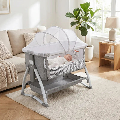 bebe dort dans berceau au salon