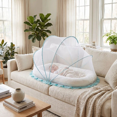 bebe dort dans canape sous moustiquaire pliante pour bebe