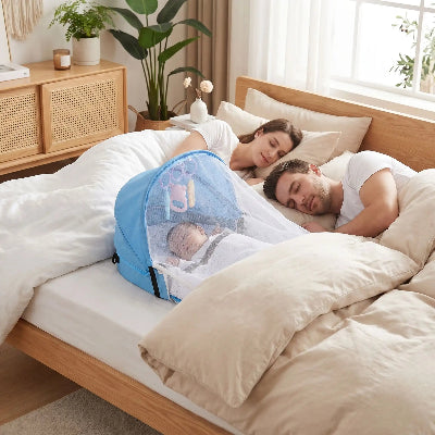 bebe dort dans lit bebe en toile a cote parents