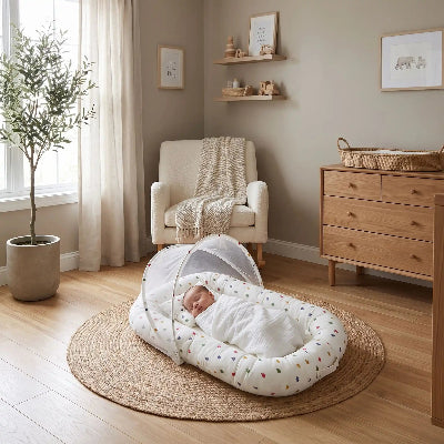 bebe dort dans lit toile pliable beige