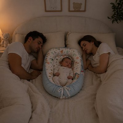 Bébé dort dans reducteur de lit pour bébé entre parents