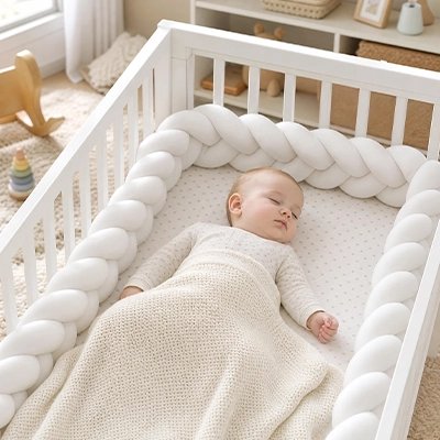 Bébé dort entouré du tour de lit tressé