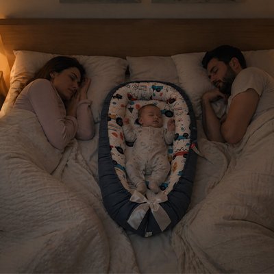 Bébé dort entre parent dans reducteur de lit bebe