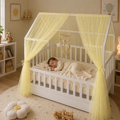 Bébé dort sous ciel de lit enfant jaune