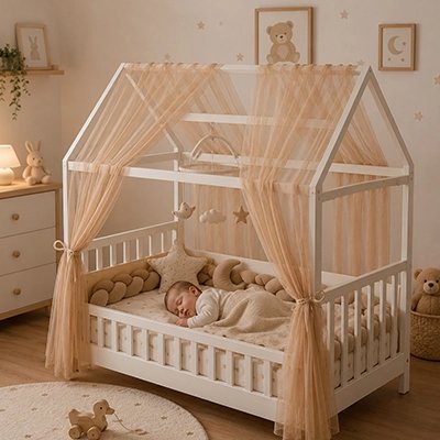 Bébé dort sous joli ciel de lit enfant