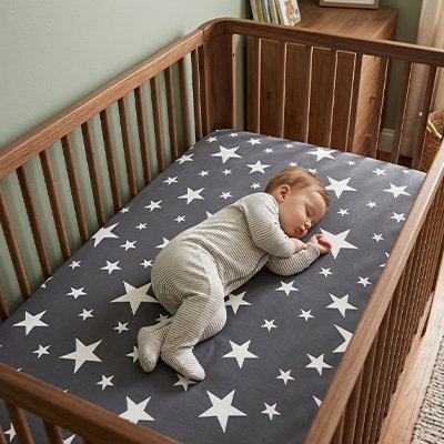 Bébé dort sur drap housse lit bebe 