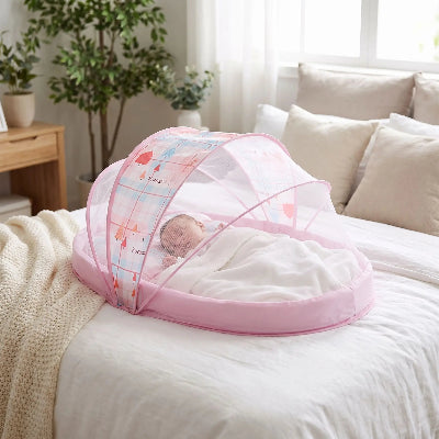 bebe dort sur lit dans moustiquaire pliante
