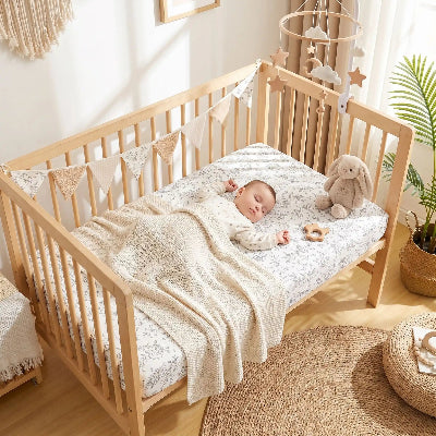 Bébé dort sur matelas couvert du drap de lit bébé