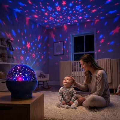 Bébé et maman heureux de regarder la veilleuse bébé projecteur