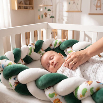 Bébé garçon dort dans lit avec tresse de lit bébé