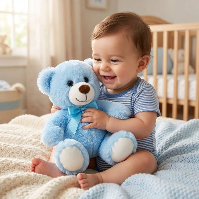 bebe garcon heureux tenant teddy ours en peluche