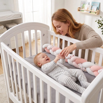 Bébé heureux dans lit a tresse de lit