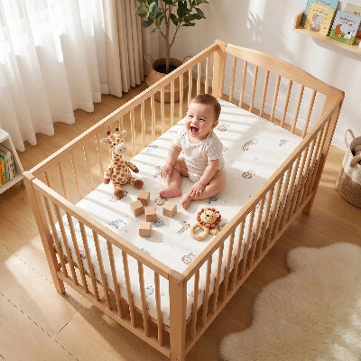 bébé heureux dans son lit avec drap de lit bébé