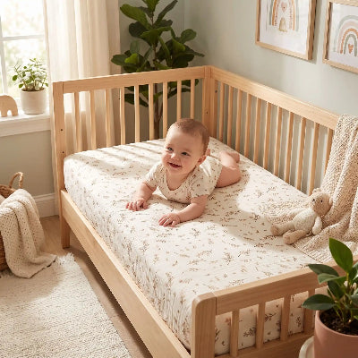 Bébé heureux sur drap housse pour bébé