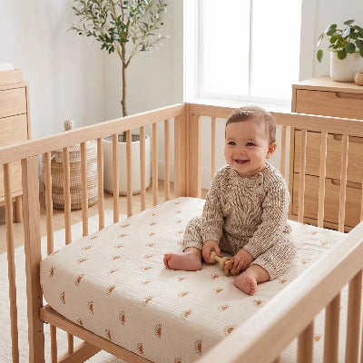 Bébé heureux sur son drap housse bébé