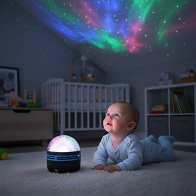 Bébé regarde veilleuse projection allumée